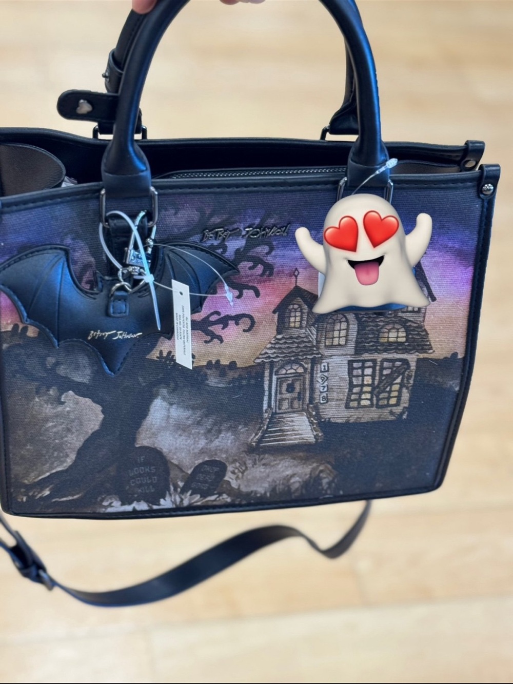 Betsey Johnson Black Canvas Haunted House Satchel with Purple-Pink Sky new